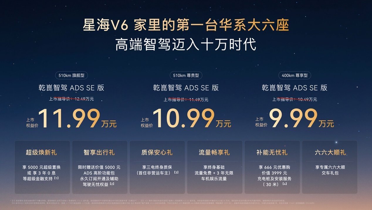 高端智驾迈入10万时代，华系大六座星海V6正式上市9.99万元起！