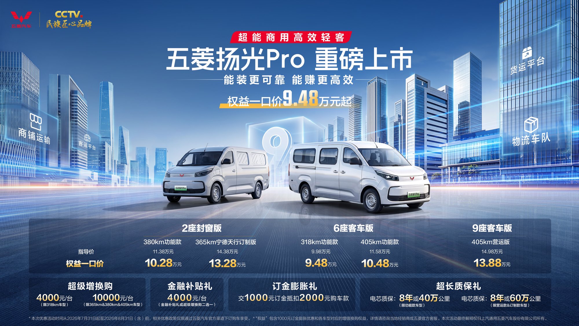 五菱扬光 Pro 上市,9.48 万起持续领跑新能源轻客市场