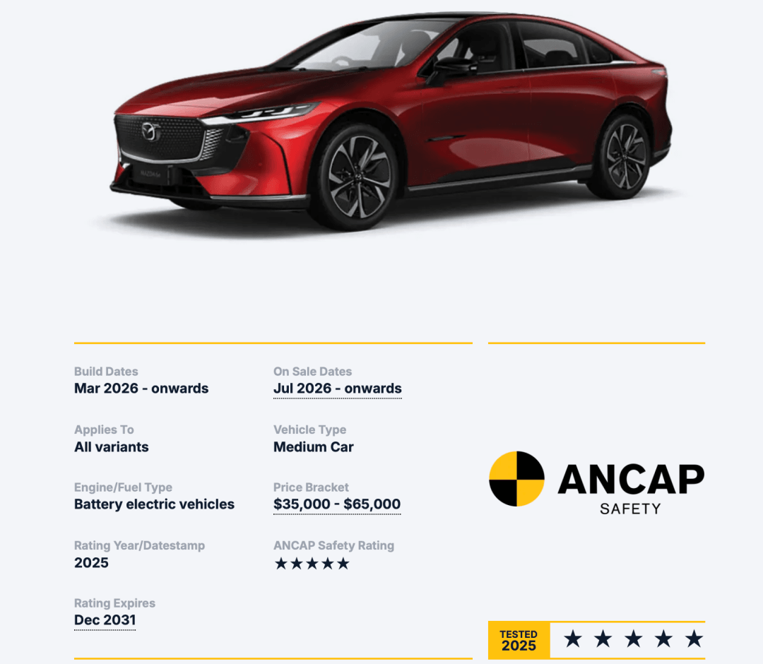 MAZDA 6e斩获澳洲A-NCAP五星评级